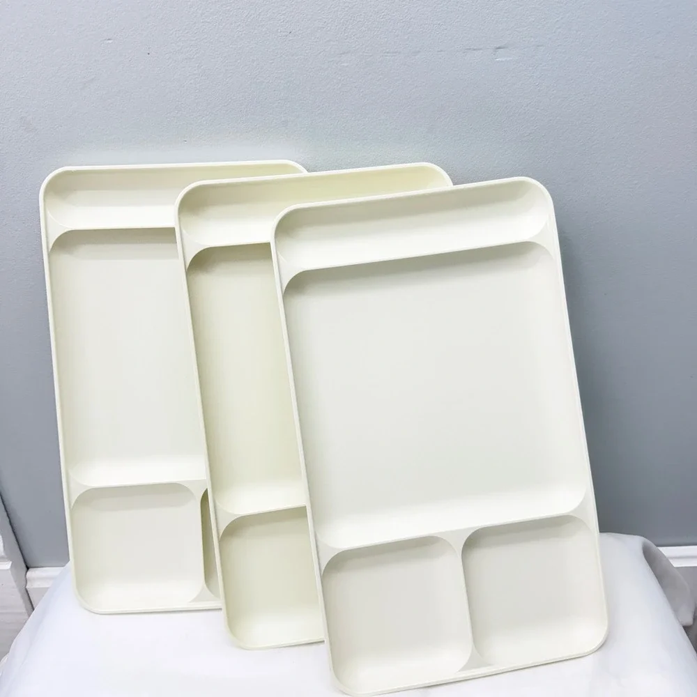 Tupperware 3 Piece Divided Plates Off White Cream Rectangular Picnic Trays USA